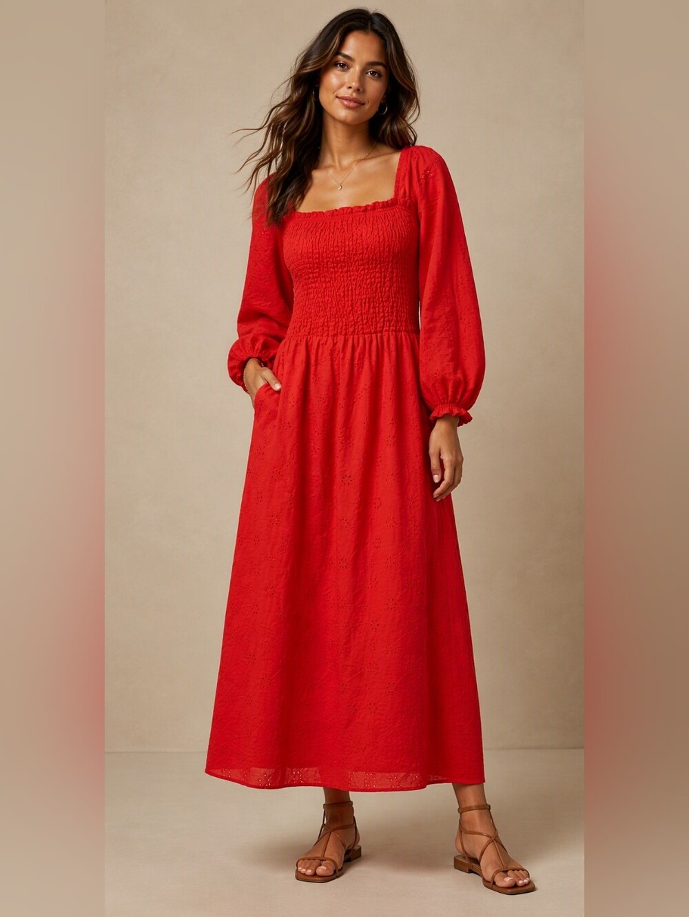 Mexx Red Smocked Square-Neck Maxi Dress